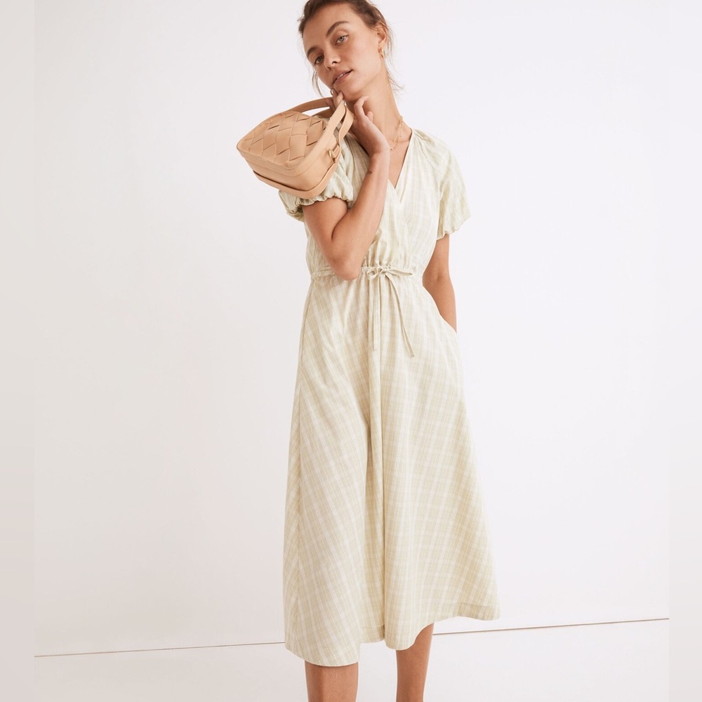 Plaid Tie-Waist Cottage Striped Midi Dress Size XS